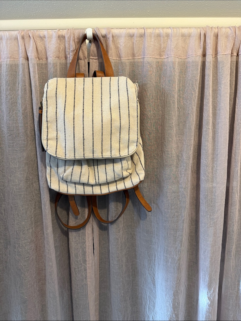 Striped Canvas Backpack with Brown Trim - Cream and Brown